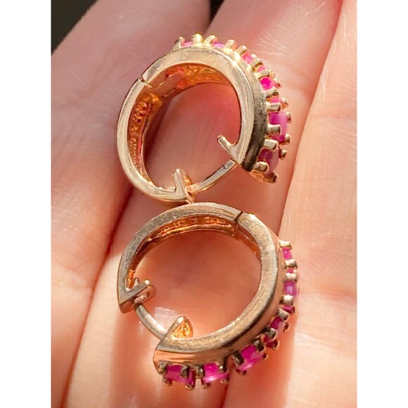 Ross Simons 925 sterling silver 14k gold vermeil genuine ruby hoop Earrings - Picture 4 of 7